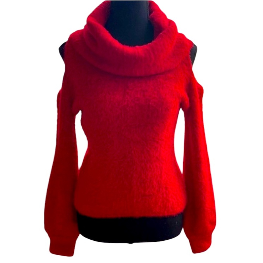 NWT $89 BEBE Heavenly Puff Sleeve Cowl
Neck Sweater Barbados  Cherry Size Small